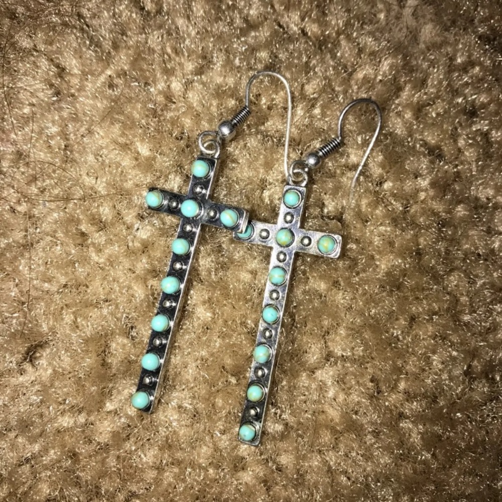 Dainty turquoise cross earrings